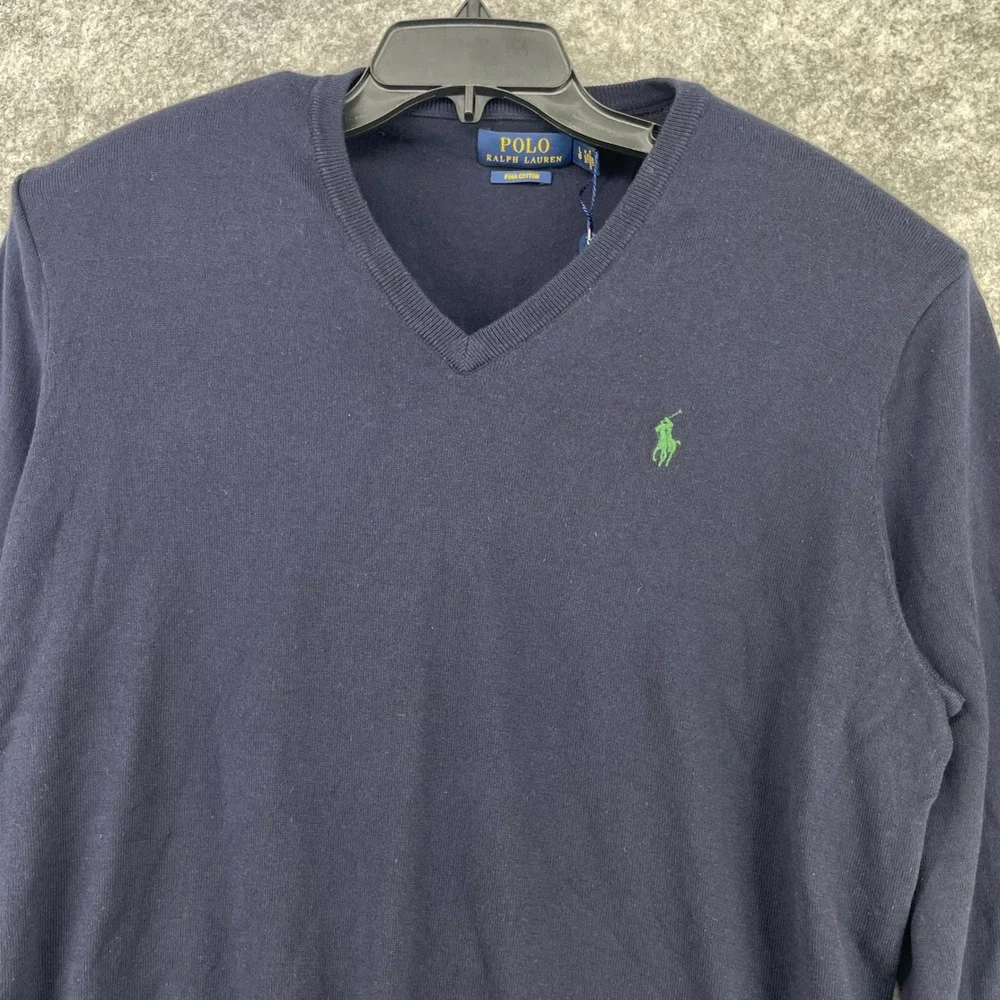 Polo Ralph Lauren V-Neck Sweater Men Large Blue Pima Cotton Pony Logo Preppy